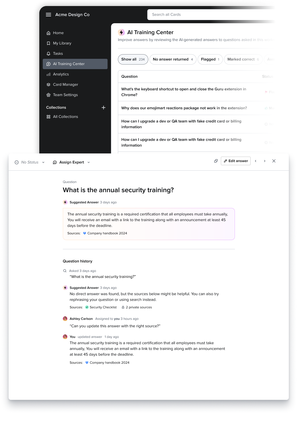 AI Training Center review screen — list of questions the team has asked, with a modal for fine-tuning or assigning to an expert