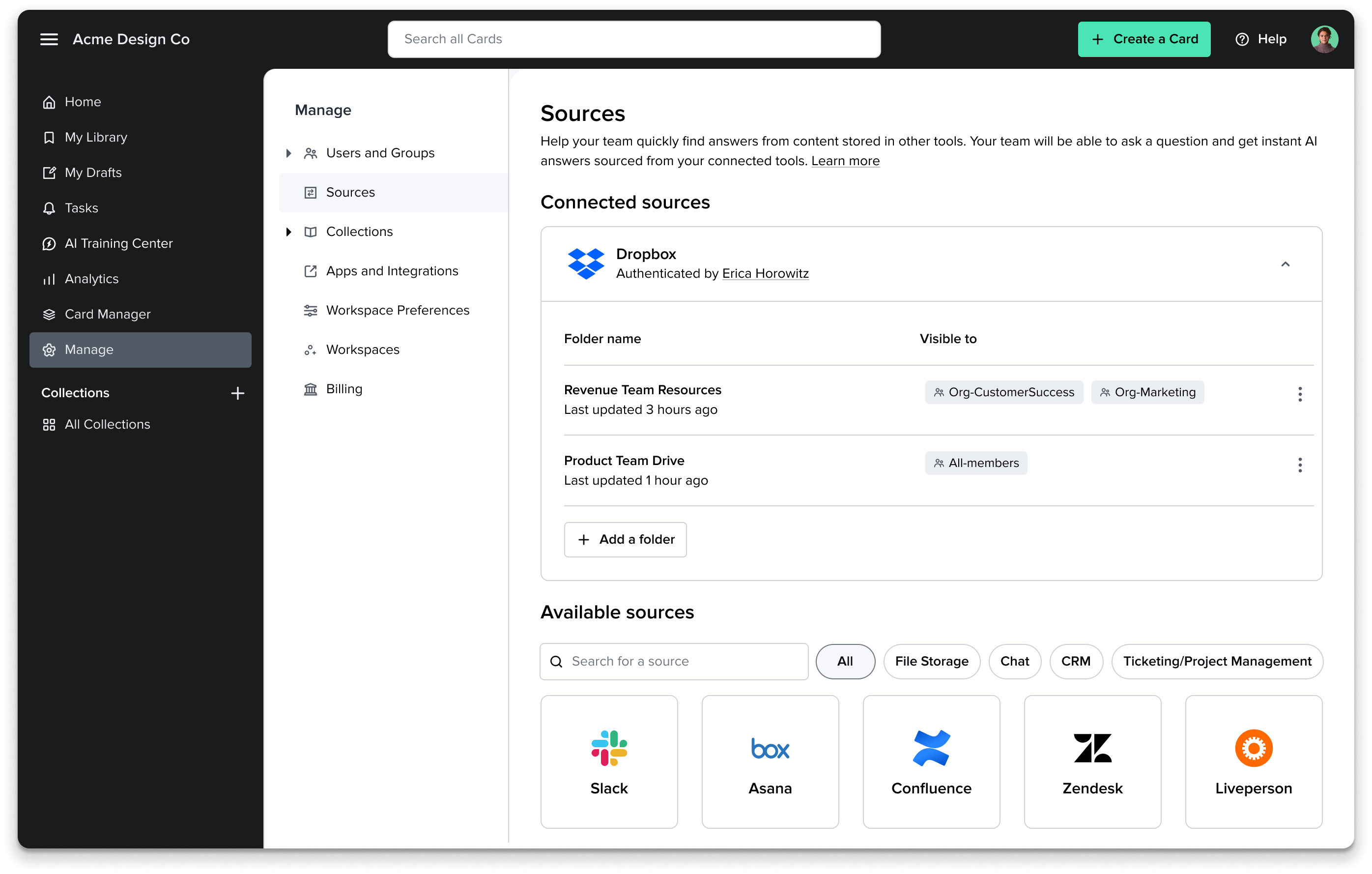 Example user flow for the Slack integration — initial screen makes available sources prominent and searchable