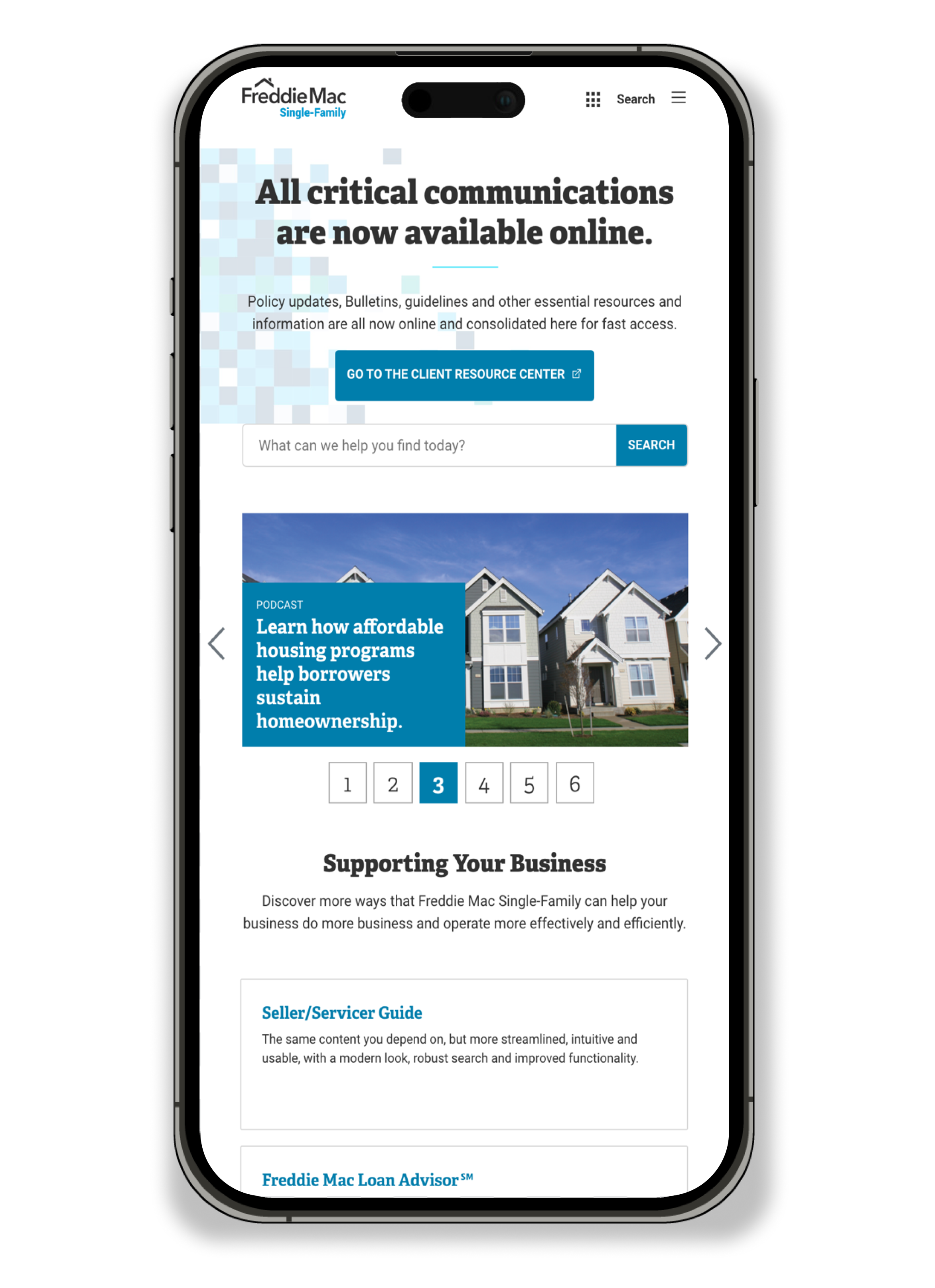 Redesigned Freddie Mac homepage
