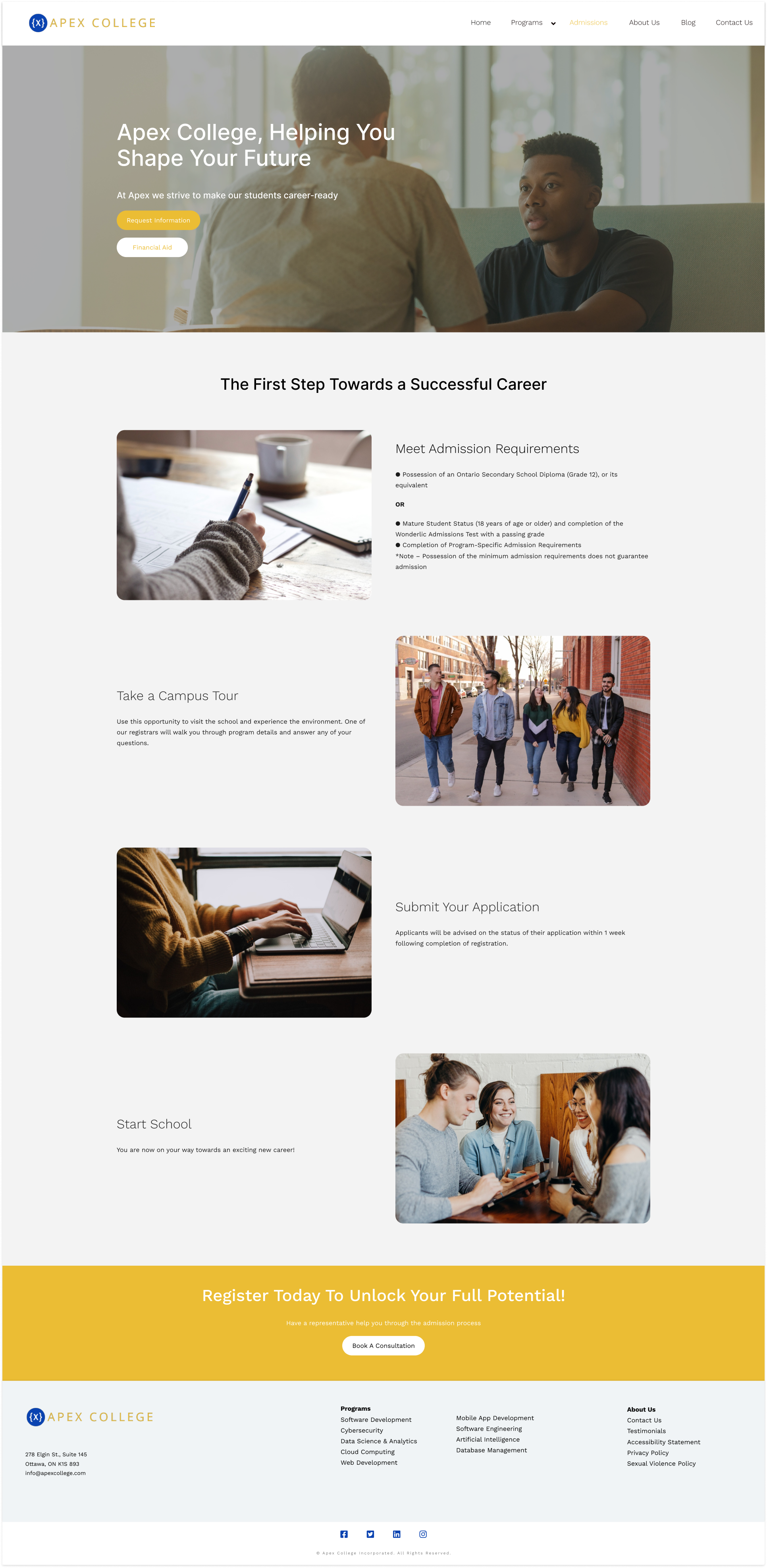 Redesigned admissions page mockup