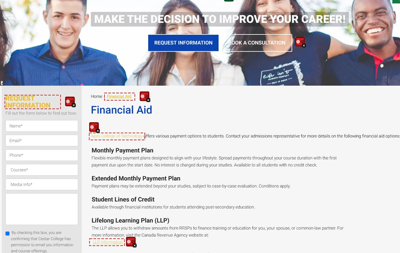 WAVE tool accessibility analysis showing contrast issues