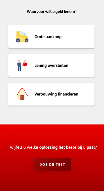 Homepage after the experiment: comparison cards removed, only the loan purposes section remains with icons updated to the brand's current set