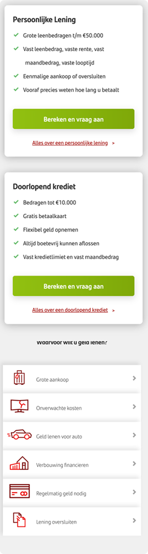 Homepage before the experiment, still showing the Persoonlijke Lening and Doorlopend krediet comparison cards above the loan purposes section