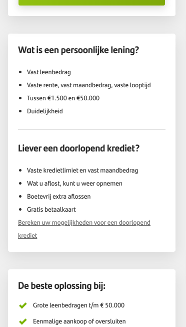 Loan simulation page before the experiment, still showing the 'Liever een doorlopend krediet?' copy alongside the personal loan information