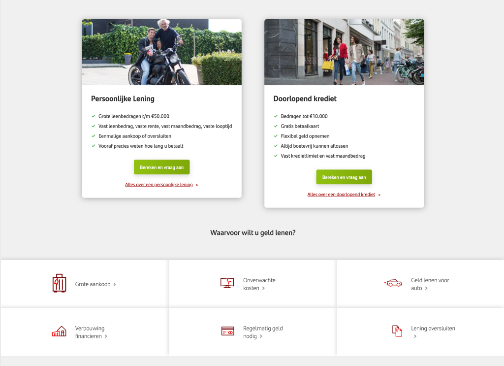 Original product comparison cards presenting Persoonlijke Lening (personal loan) and Doorlopend krediet (revolving credit) side by side
