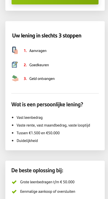 Loan simulation page after the experiment, with the 'in 3 steps' USP and icons placed where the personal loan copy used to sit, under the heading 'Uw lening in slechts 3 stappen' (Your loan in just 3 steps)