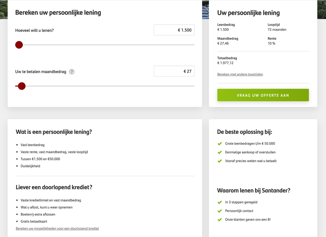 Original loan simulation page with the personal loan calculator, both loan type descriptions, and Santander's supporting USPs